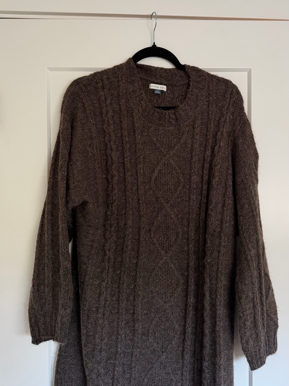 American Eagle Outfitters Men's Brown Cable-Knit Crewneck Sweater